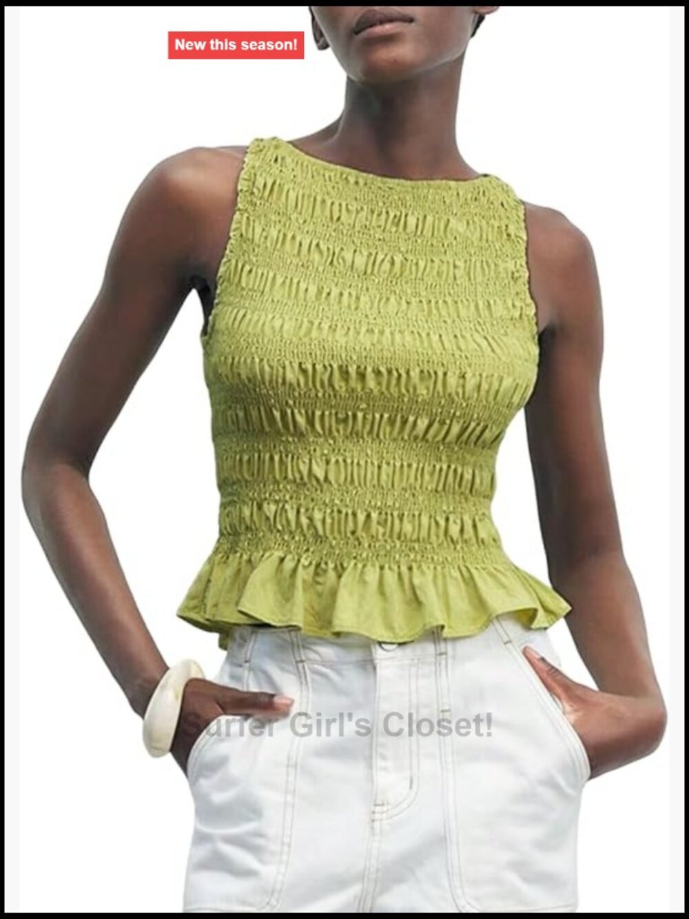 Smocked Babydoll Crop Tank Top Ruffle Hem Sleeveless Viscose